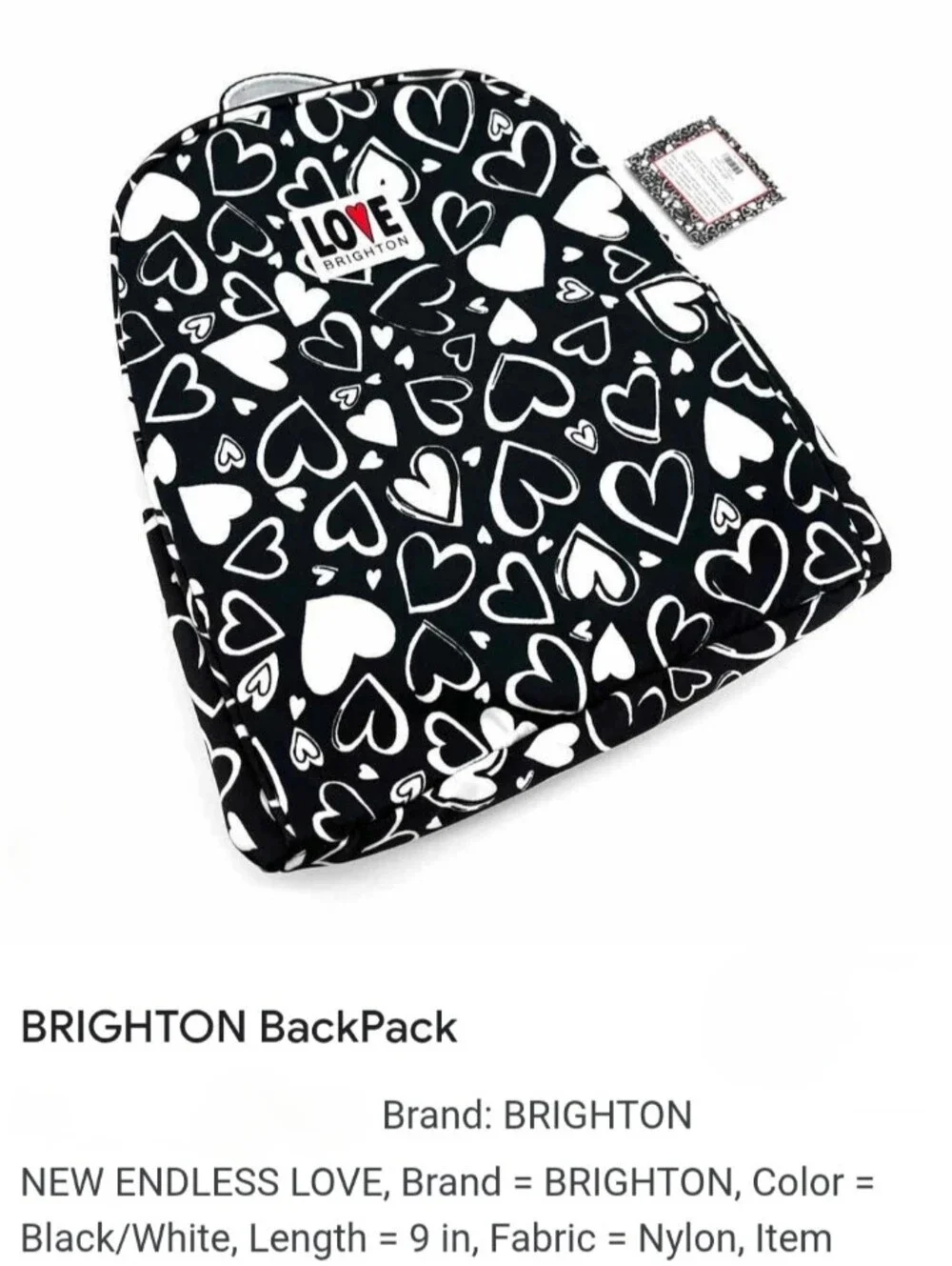 Brighton Love Heart Print Black & White Backpack NWT